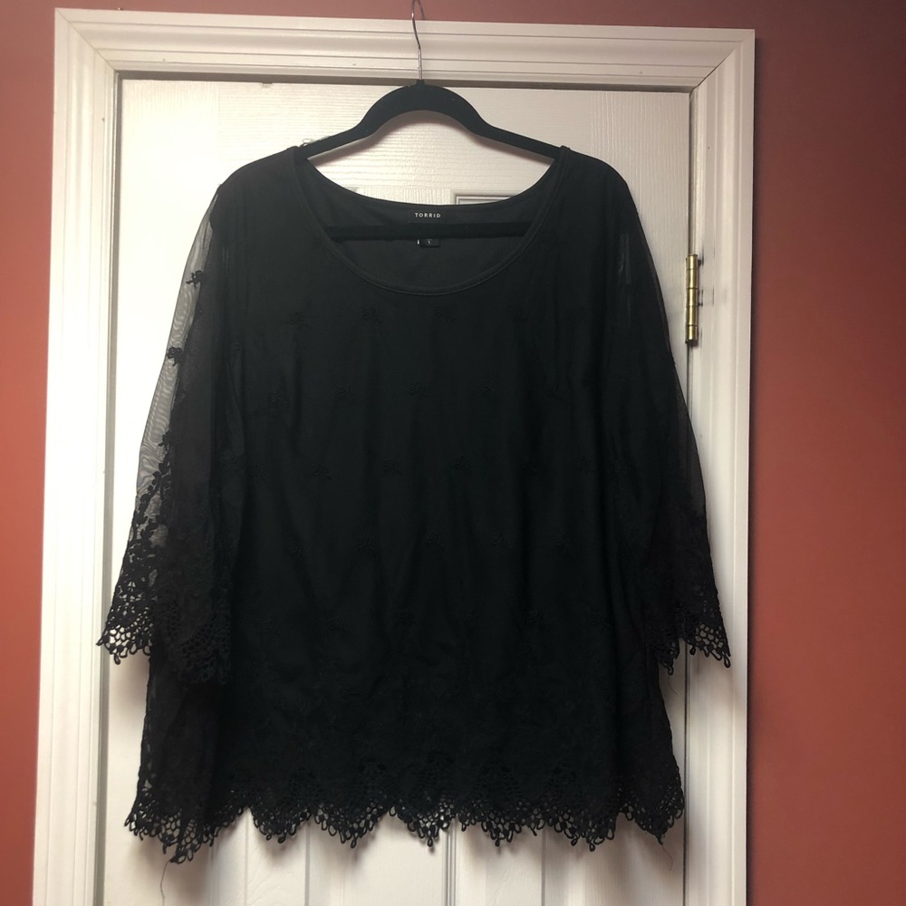 Torrid Black 3/4 sleeve sheer top with embroidery